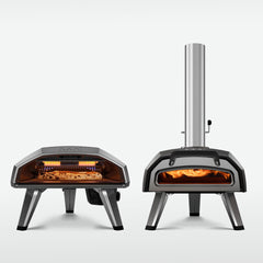 Front view of Ooni Koda 2 and Ooni Karu 2 Pizza ovens standing side by side on a light grey background.